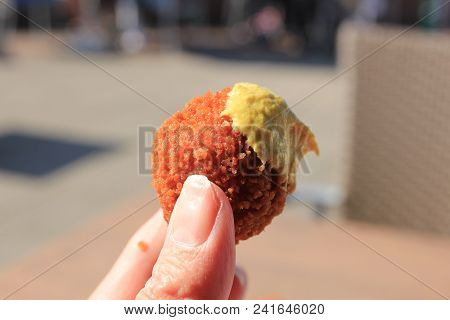 Dutch Bitterbal Warm Stuffed Fried Meatbal, Served In The Netherlands With Mustard