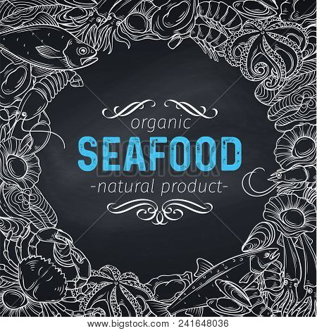 Vector Frame Template Hand Drawn Seafood Design With Mussel, Fish Salmon, Shrimp. Lobster, Squid, Oc