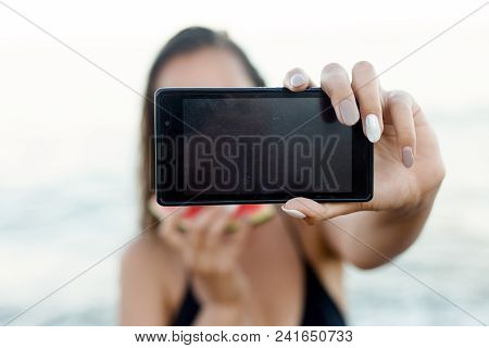 Summer Vacation - Young Girl Eating Fresh Watermelon On Sandy Beach