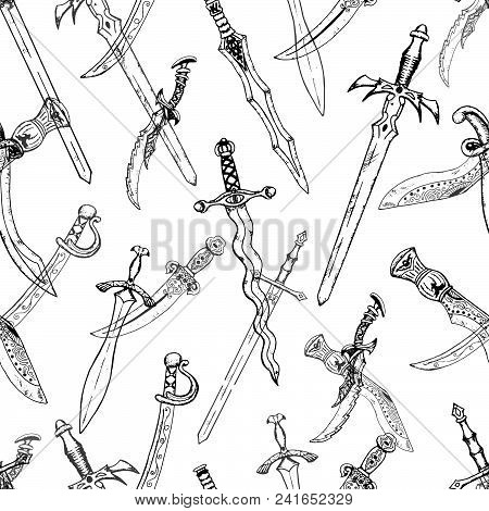 Seamless Background With Ancient Swords On White. Hand Drawn Doodle Engraved Illustration With Graph
