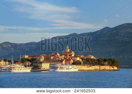 Korcula Old Town In Early Morning Light, Croatia. Korcula Is A Historic Fortified Town On The Protec