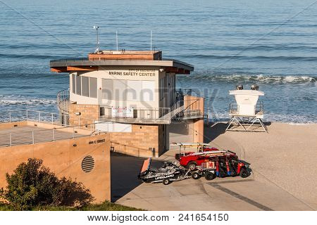 Encinitas, California - April 14, 2018:  Morning Light On The Marine Safety Center, A Smaller Lifegu