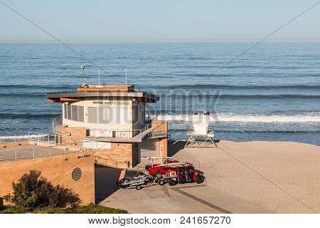 Encinitas, California - April 14, 2018:  The Marine Safety Center, A Smaller Lifeguard Tower, And Em