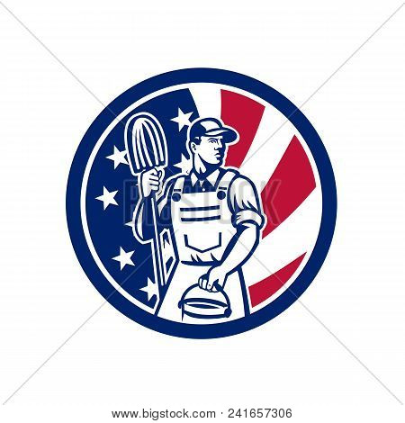 Icon Retro Style Illustration Of An Americanprofessional Cleaner Holding Mop And Bucket  With United