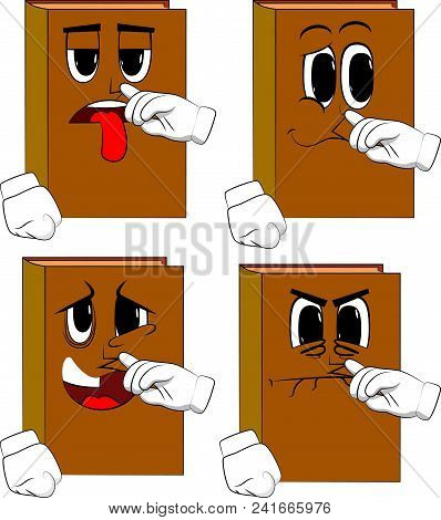 Books With Symphaty. Cartoon Book Collection With Sad, Bored And Angry Faces. Expressions Vector Set
