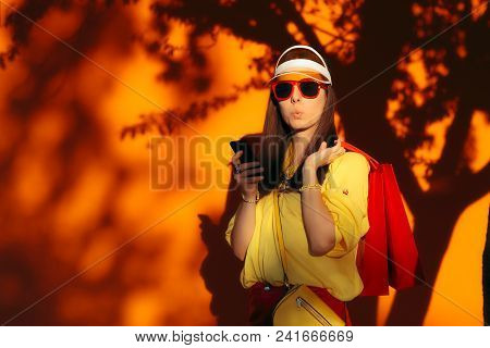 Summer Sale Shopping Girl With Sun Glasses And Sun Visor