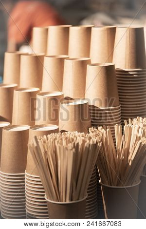Coffee Cups Stacked In A Pile Selected Focus