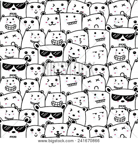 Cute Bears Doodle Art Pattern Background. Vector Illustration.