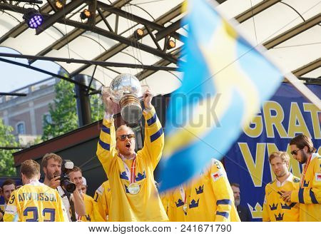 Stockholm, Sweden - May 21, 2018: Swedish Ice Hockey Players Winning The World Championship, Getting