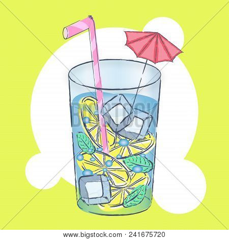 Huge Glass With Exotic Cocktail And Summer Greeting On The Tropical Beach - Vector Illustration