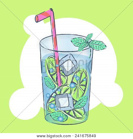 Huge Glass With Exotic Cocktail And Summer Greeting On The Tropical Beach - Vector Illustration