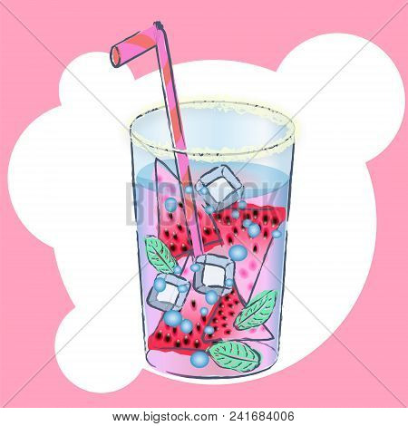 Huge Glass With Exotic Cocktail And Summer Greeting On The Tropical Beach - Vector Illustration