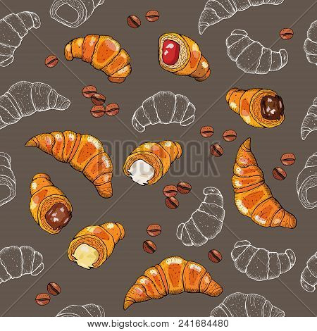 Seamless Dark Background With Croissants And Coffee Beans