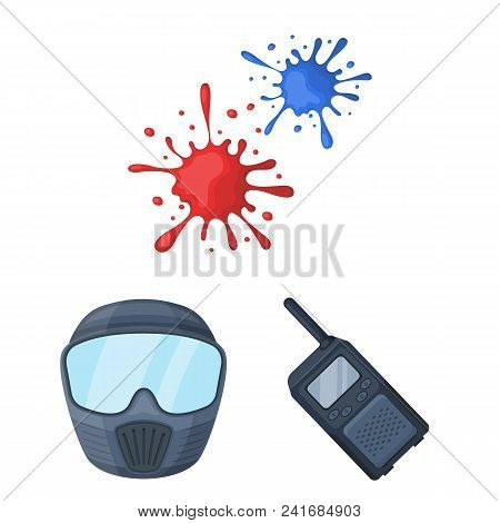 Paintball, Team Game Cartoon Icons In Set Collection For Design. Equipment And Outfit Vector Symbol 