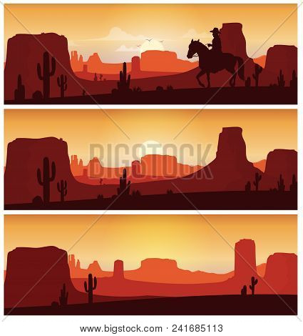 Cowboy Riding Horse Against Sunset Background. Wild Western Silhouettes Banners