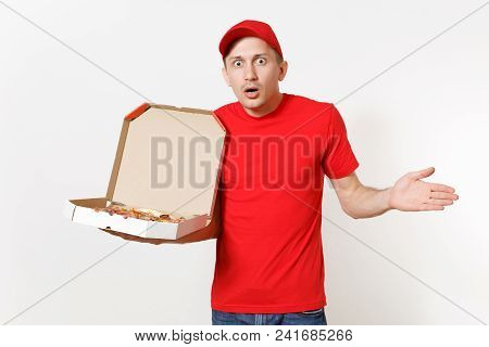 Delivery Shocked Man In Red Uniform Isolated On White Background. Male Pizzaman In Cap, T-shirt Work