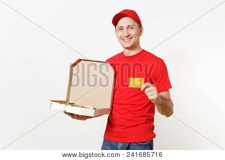Delivery Smiling Man In Red Uniform Isolated On White Background. Male In Cap, T-shirt Working As Co