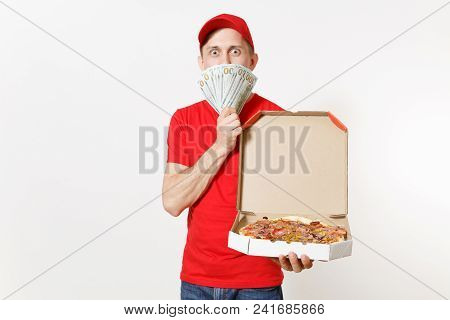 Delivery Man In Red Uniform Isolated On White Background. Male In Cap, T-shirt Working As Courier Ho