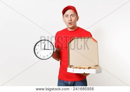 Delivery Man In Red Uniform Isolated On White Background. Male In Cap, T-shirt Working As Courier Ho
