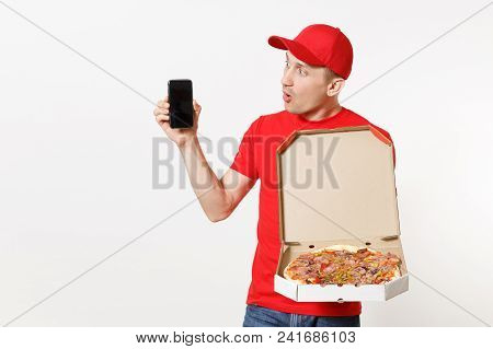 Delivery Smiling Man In Red Uniform Isolated On White Background. Male Pizzaman Courier In Cap, T-sh
