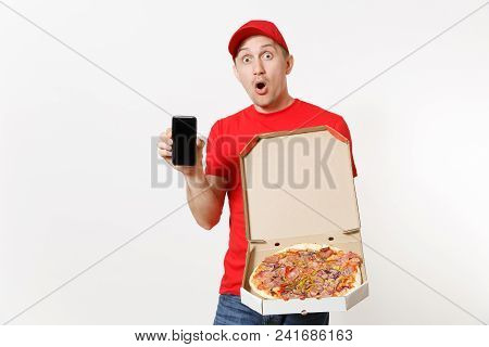 Delivery Smiling Man In Red Uniform Isolated On White Background. Male Pizzaman Courier In Cap, T-sh