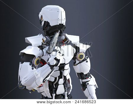 3d Rendering Of A Futuristic Robot Police Or Soldier Holding A Gun To His Chin, Ready To Self-destru