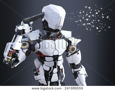 3d Rendering Of A Futuristic Robot Police Or Soldier Holding A Gun To His Head And Pulling The Trigg