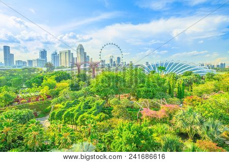 Aerial View Of Cityscape Singapore And Gardens By The Bay. Famous Tourist Attraction In Marina Bay A