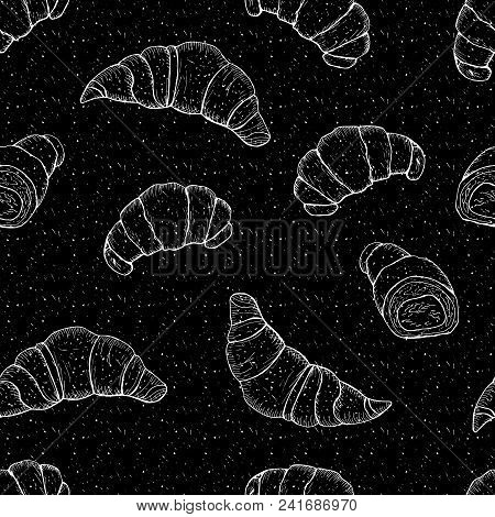 Hand Drawn Seamless Black Background With Croissants Contour.