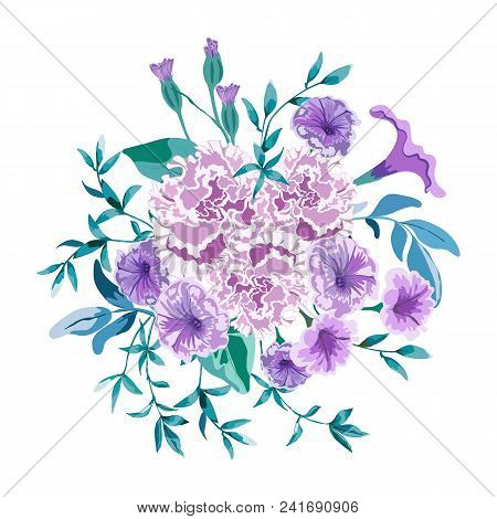 Floral Bunch With Wild Flowers Terry Petunia, Peony Pink And Twigs With Leaves..vector Flower Bouque