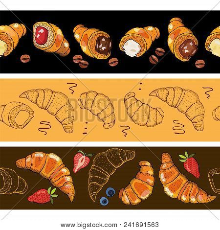 Hand Drawn Seamless Horizontal Pattern Brush With Croissants And Berry.