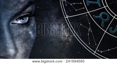 Taurus Horoscope Sign. Astrology Women Night Sky Background