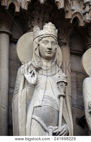 PARIS, FRANCE - JANUARY 04: Queen of Sheba, Portal of St. Anne, Notre Dame Cathedral, Paris, UNESCO World Heritage Site in Paris, France on January 04, 2018.