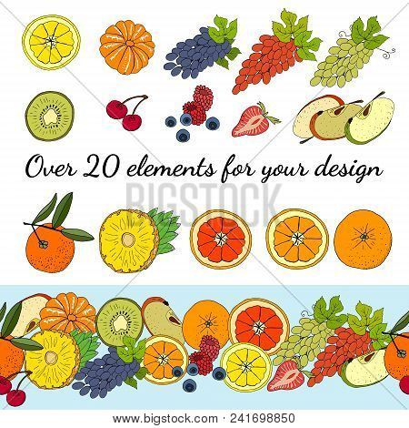 Set Of Fruits And Berries. Objects Isolated On White. Horizontal Border Whith Different Fruits And B