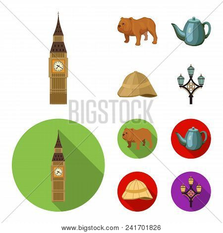 Breed Dog, Teapot, Brewer .england Country Set Collection Icons In Cartoon, Flat Style Vector Symbol