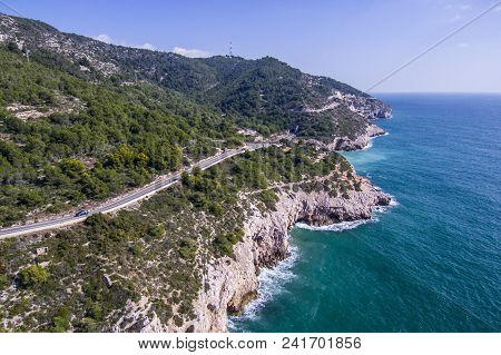 Road Along The Shores Of Garraf. Aerial View. Photographed With A Drone