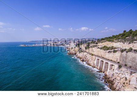 Road Along The Shores Of Garraf. Aerial View. Photographed With A Drone