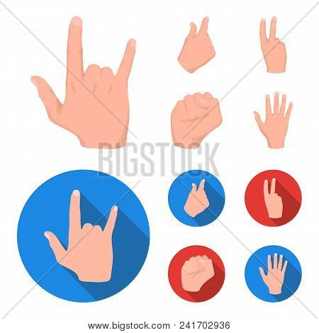 Open Fist, Victory, Miser. Hand Gesture Set Collection Icons In Cartoon, Flat Style Vector Symbol St