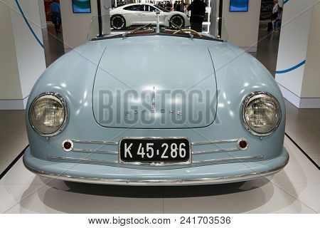 Berlin, Germany - April 15 2018: Porsche 356 Nr. 1 Roadster Replica Standing At Volkswagen Group For