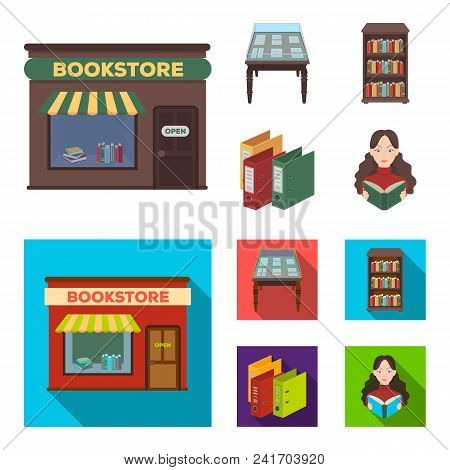 A Table With Old Documents, Bookshelves, Folders, A Visitor. A Library And A Bookstore Set Collectio