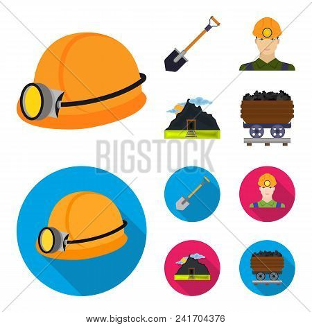 A Shovel, A Miner, An Entrance To A Mine, A Trolley With Coal.mine Set Collection Icons In Cartoon, 