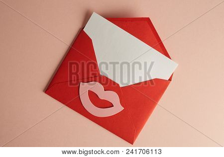 Mockup Envelope And White Blank Sheet On Empty Pink Color Desk. Business Empty Mock-up Background Fo