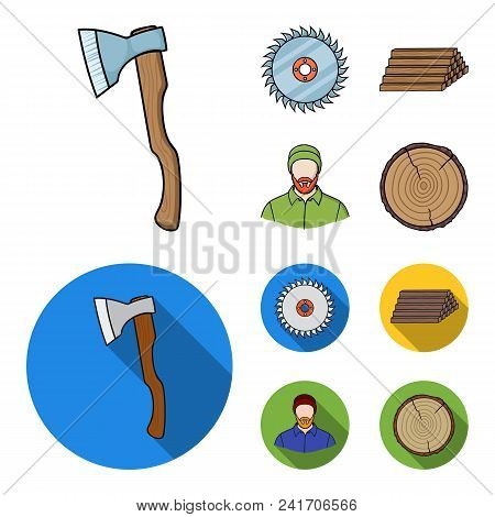 Circular Saw, A Working Carpenter, A Stack Of Logs. A Sawmill And Timber Set Collection Icons In Car