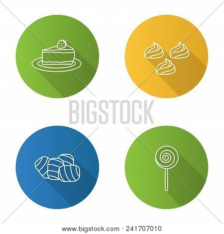 Confectionery Flat Linear Long Shadow Icons Set. Coffee House Menu. Cheesecake, Meringues, Marshmall