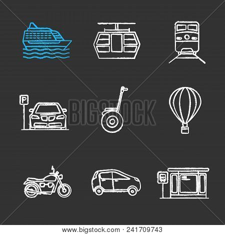 Public Transport Chalk Icons Set. Modes Of Transport. Cruise Ship, Funicular, Train, Parking Zone, H