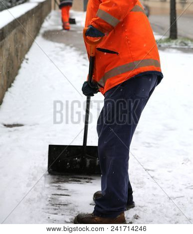 Fearless Snow-shovel With The Big Shovel Frees Up The Sidewalks After The Heavy Snowfall In Winter