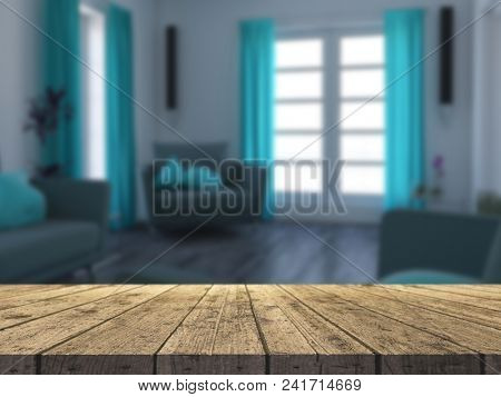 3D render of a wooden table looking out to a defocussed room interior