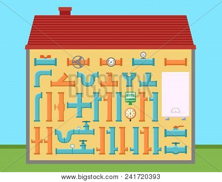 Family House With Isolated Pipe Set For Pipeline Engineering On Home