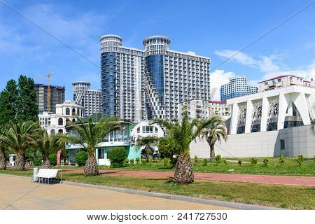 BATUMI, GEORGIA - MAY 10: Luxury hotels on the boulevard of the Black Sea on May 10, 2018 in Batumi, Adjara in Georgia