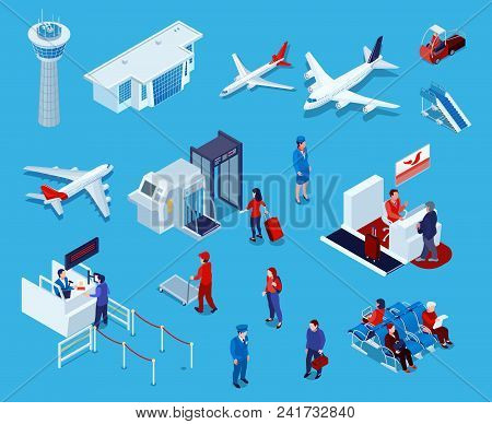 Airport Isometric Icons Set Of Reception And Passport Check Desk Waiting Hall Control Tower Ladder I